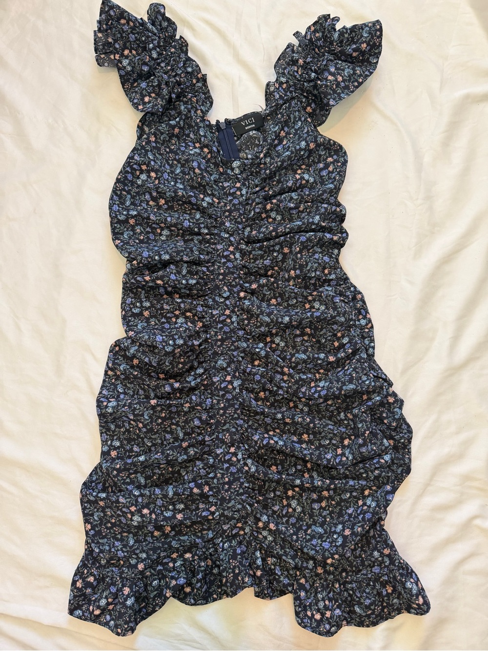 VICI Navy Floral Ruffle Mini Dress with Blue & Pink Sprigs